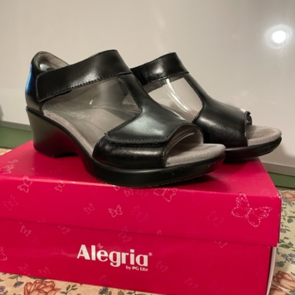 Alegria Leather Riki T-strap Wedge Heel Sandal, Black, Size 37 (USA: 6.5 to 7)